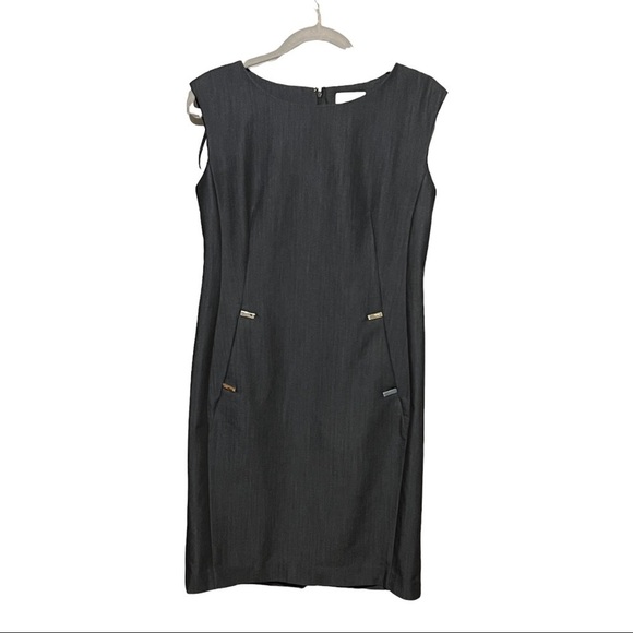 Calvin Klein Sleeveless Pocket Sheath Dress Chambray Black Sliming Princess Cut - Picture 1 of 9